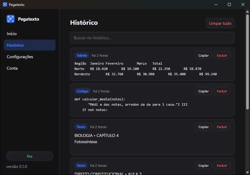 A tela Histórico do Pegatexto com capturas de tabela, código e texto, cada uma com os botões Copiar e Excluir